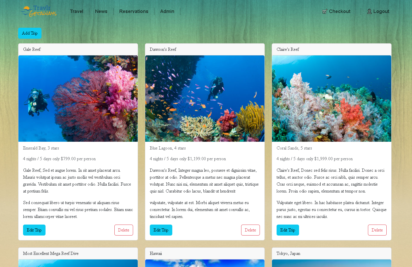 Trips page after login