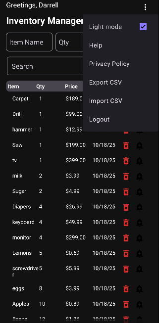 Inventory Screen w/settings