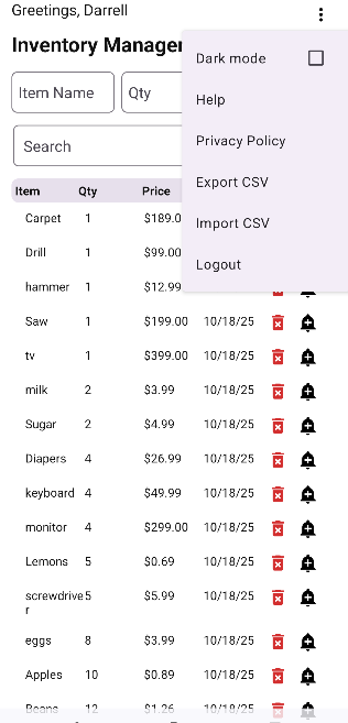 Inventory Screen w/settings